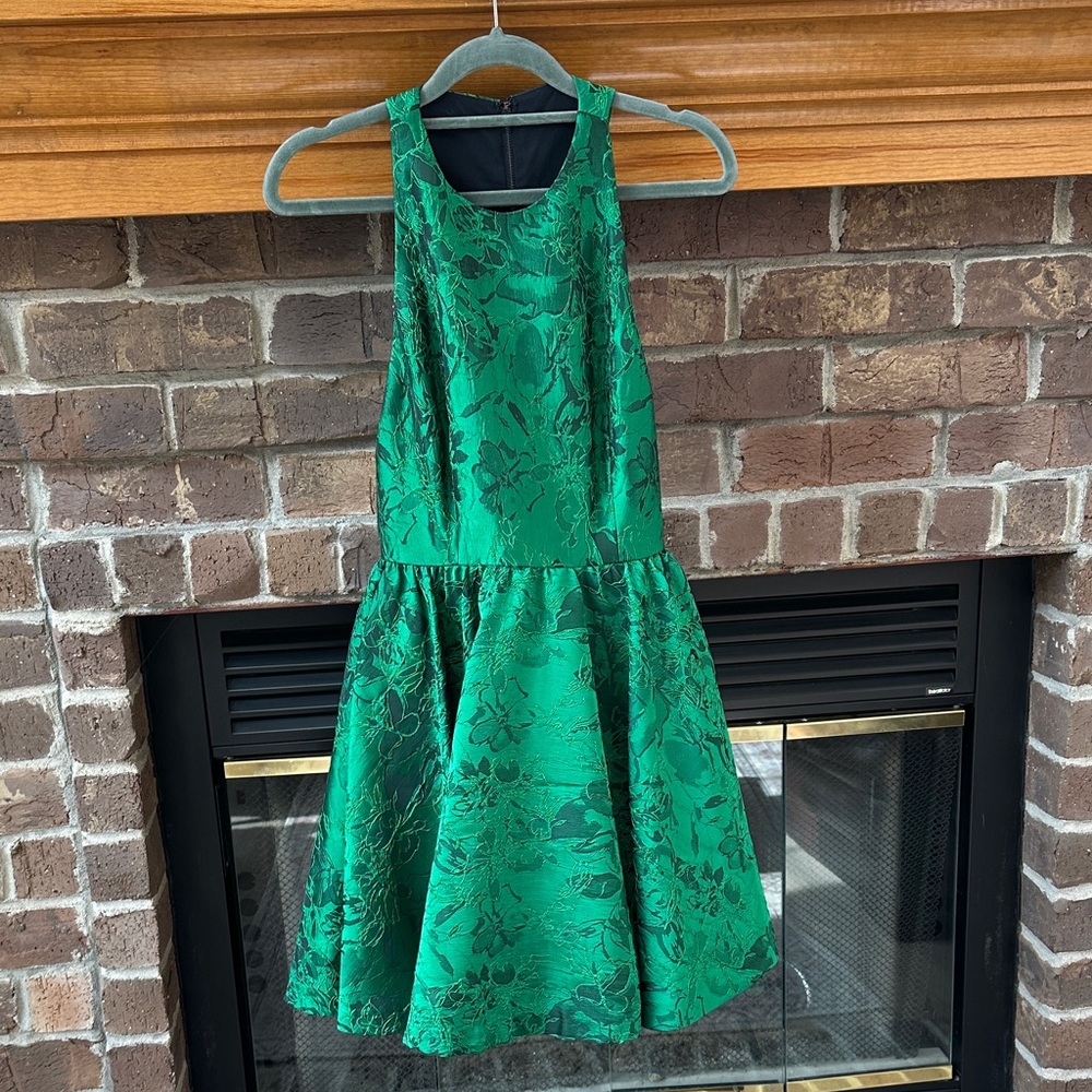 Alice + Olivia Mollie Circle Skirt Vibrant Green Party Jacquard Dress Size 0 - Picture 7 of 11